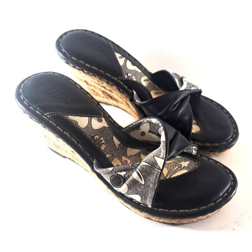 Born Drilles Espadrilles Sandals Wedges Black White Leather 3" Heels 8